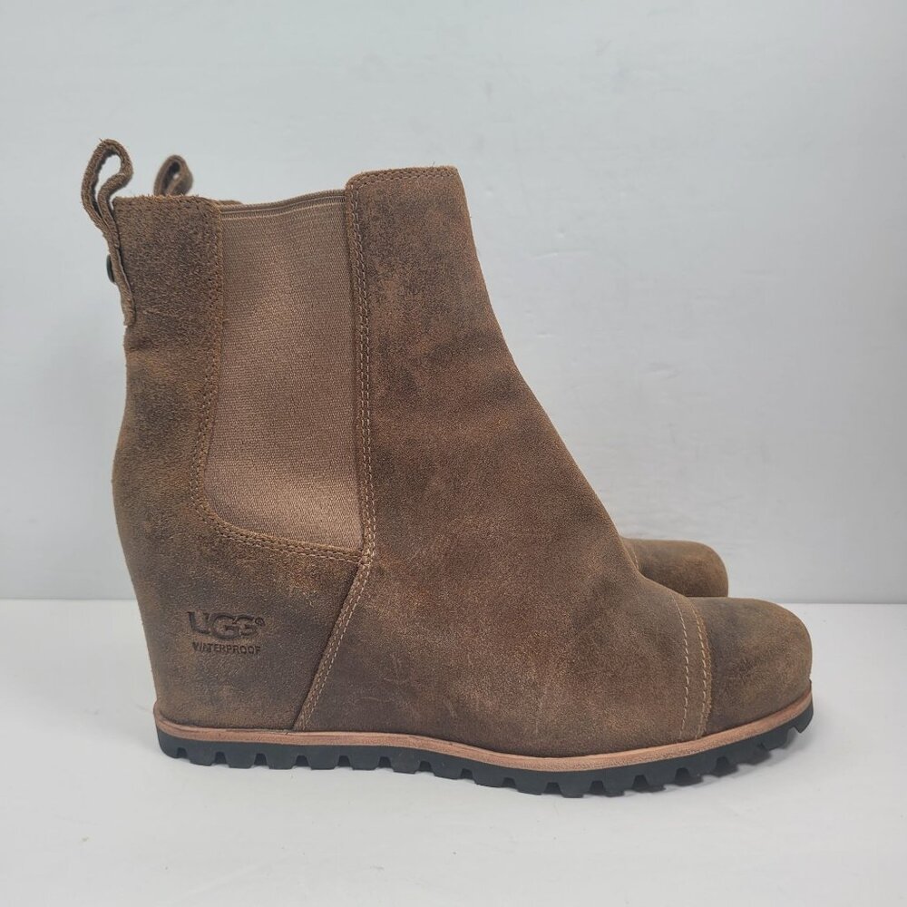 UGG Pax Waterproof Chipmunk Brown Leather Wedge Ankle Boots 1095136 US Size 8.5